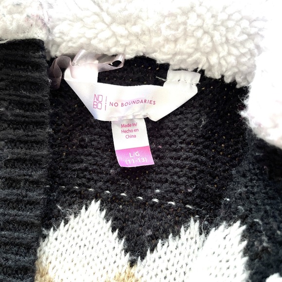 No Boundaries Girls Sweater Large Sherpa Hood Cardigan Black Fair Isle Knit - Picture 5 of 15
